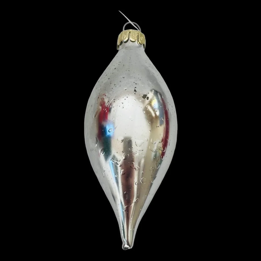 Vintage Silver Glitter Teardrop Christmas Ornament Glass Xmas Decor